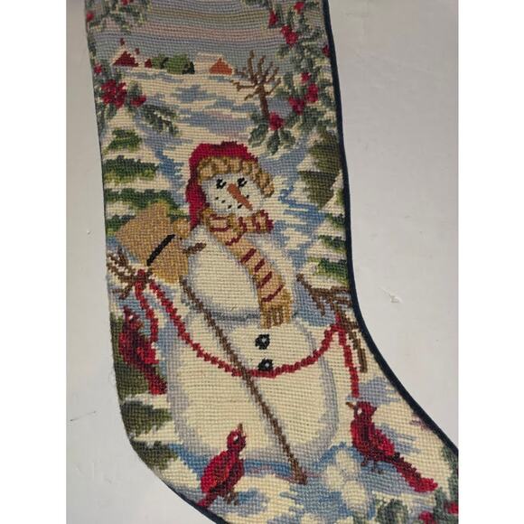 Vintage Needlepoint Embroidered Christmas Stocking Snowman Velvet Backing - Picture 2 of 5